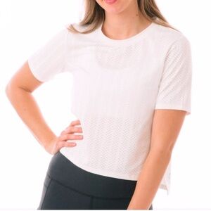 Zyia Active White Vertically Chill Laser Cut Crewneck Short Sleeve Logo T-shirt